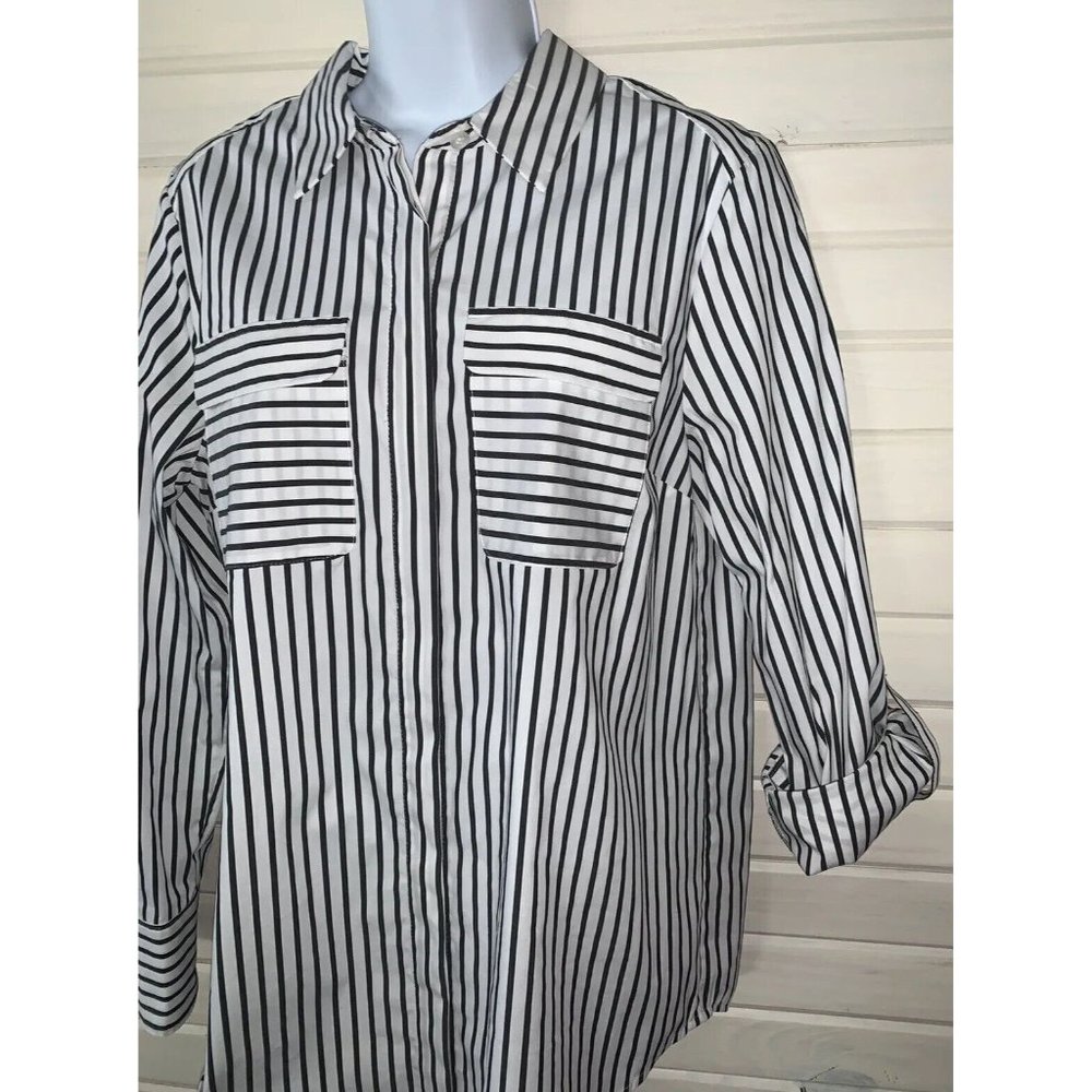 Vision 155 Sz 12 Black White Stripe Blouse Pocket Tunic Cotton Nylon Stretch EUC